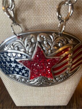 Gypsy South Patriotic Red Star Buckle Rhinestone Necklace Silver Tone Chunky